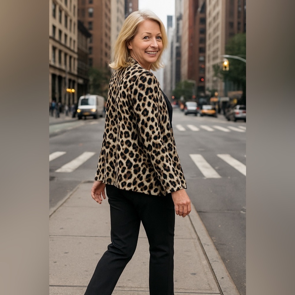 Chico’s Leopard Print Open Front Cardigan Sweater, Silk and Angora Blend, Large
